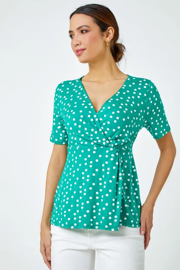 Women Green Spot Print Side Twist VNeck Wrap Top Roman Tops