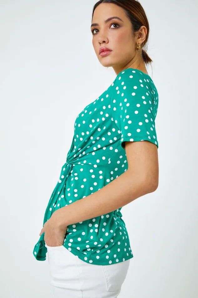 Women Green Spot Print Side Twist VNeck Wrap Top Roman Tops