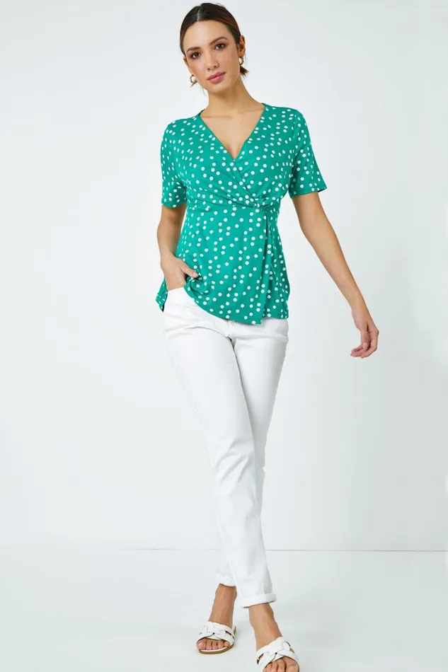 Women Green Spot Print Side Twist VNeck Wrap Top Roman Tops