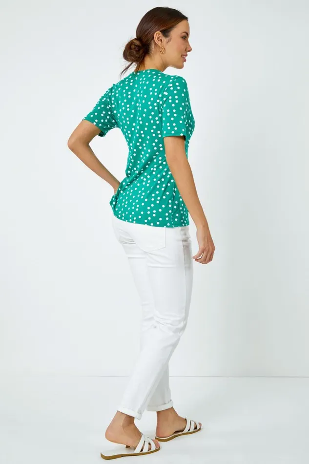 Women Green Spot Print Side Twist VNeck Wrap Top Roman Tops