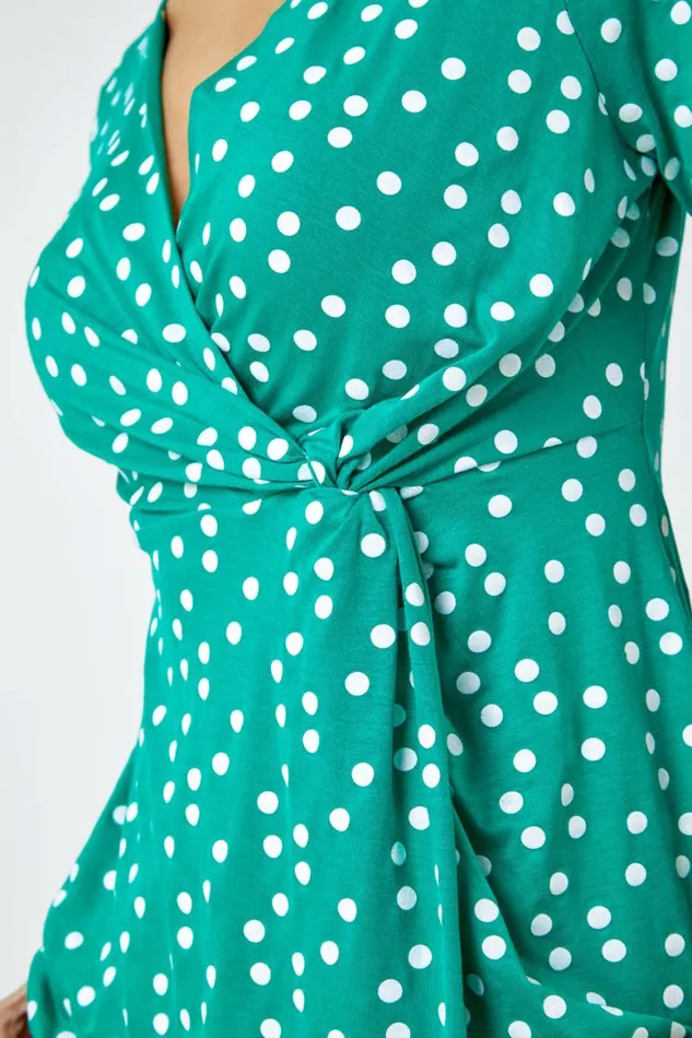 Women Green Spot Print Side Twist VNeck Wrap Top Roman Tops