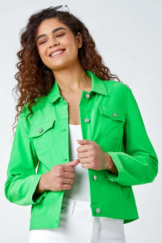 Women Green Stretch Pocket Detail Jacket Roman Coords