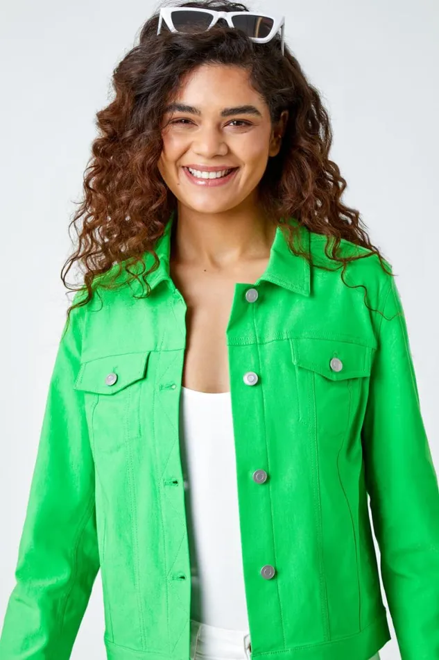 Women Green Stretch Pocket Detail Jacket Roman Coords