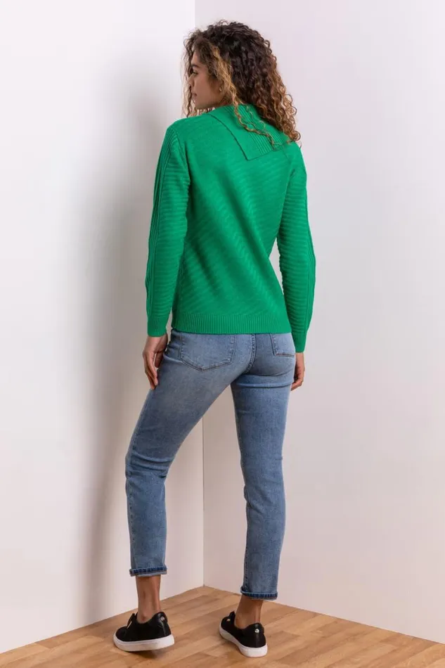 Women Green Textured Knit Split Neck Jumper Roman Knitwear