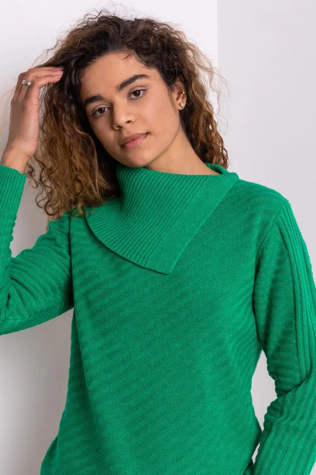 Women Green Textured Knit Split Neck Jumper Roman Knitwear