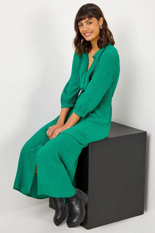 Women Green Textured Midi Shirt Dress Roman Dresses