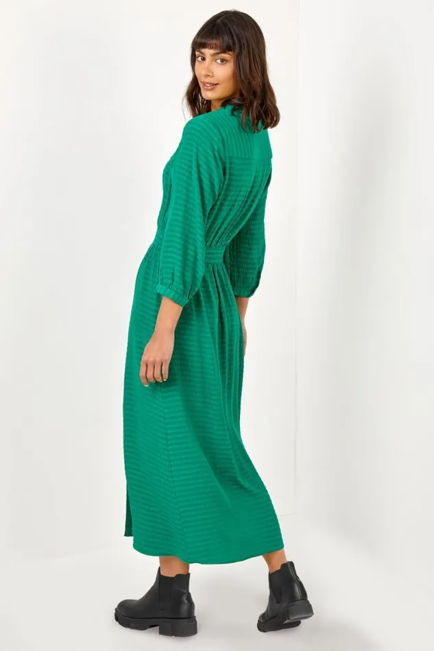 Women Green Textured Midi Shirt Dress Roman Dresses