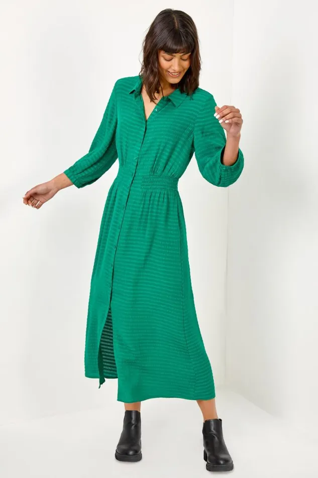 Women Green Textured Midi Shirt Dress Roman Dresses