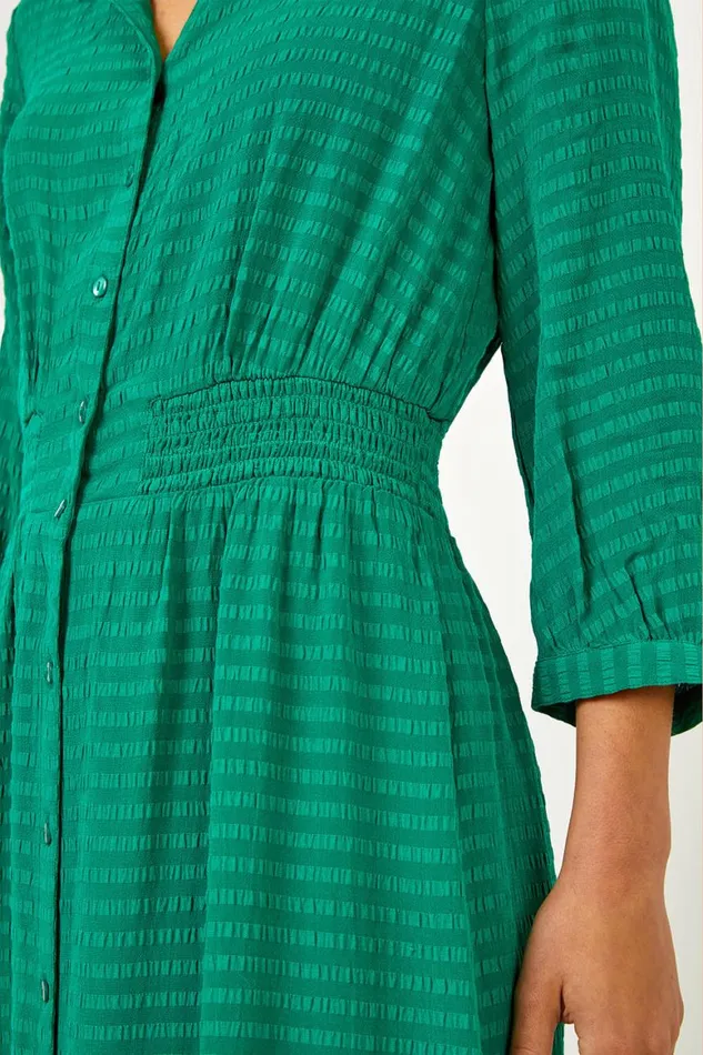 Women Green Textured Midi Shirt Dress Roman Dresses