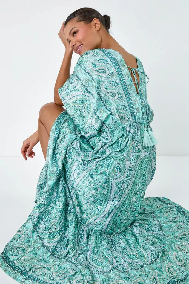 Women Green Tie Back Tassel Detail Tiered Dress Roman Dresses