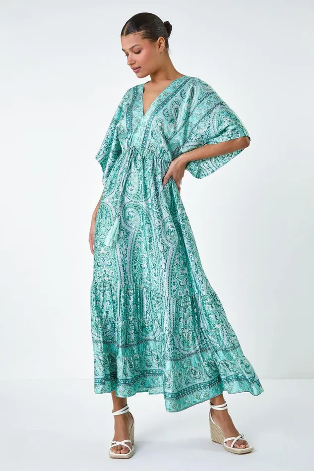 Women Green Tie Back Tassel Detail Tiered Dress Roman Dresses