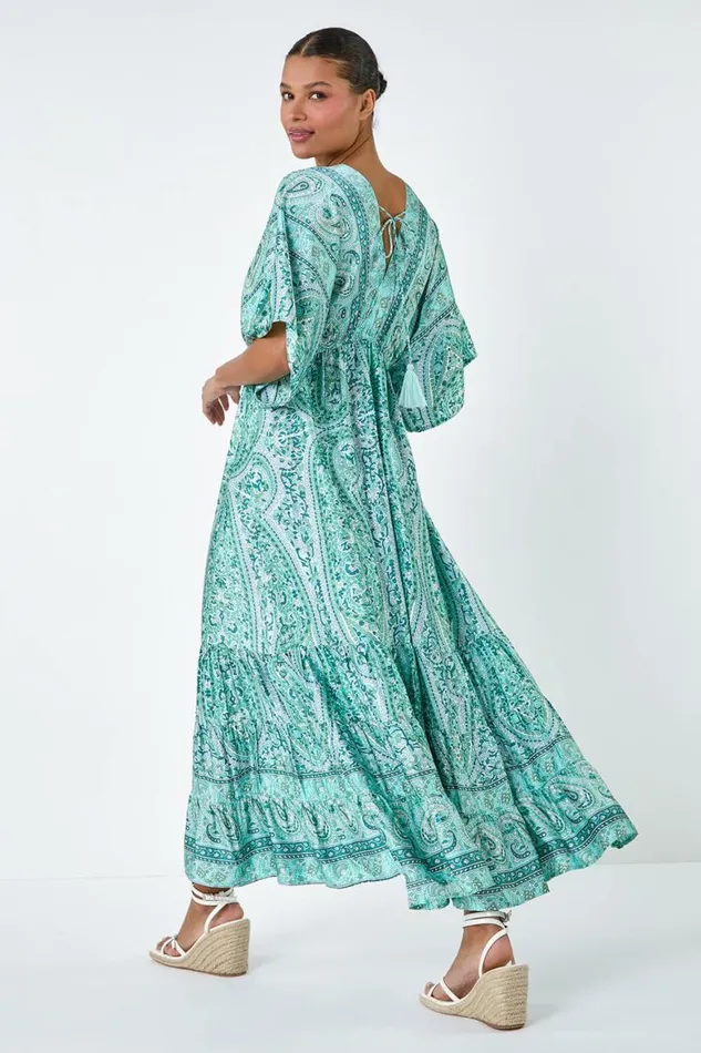 Women Green Tie Back Tassel Detail Tiered Dress Roman Dresses