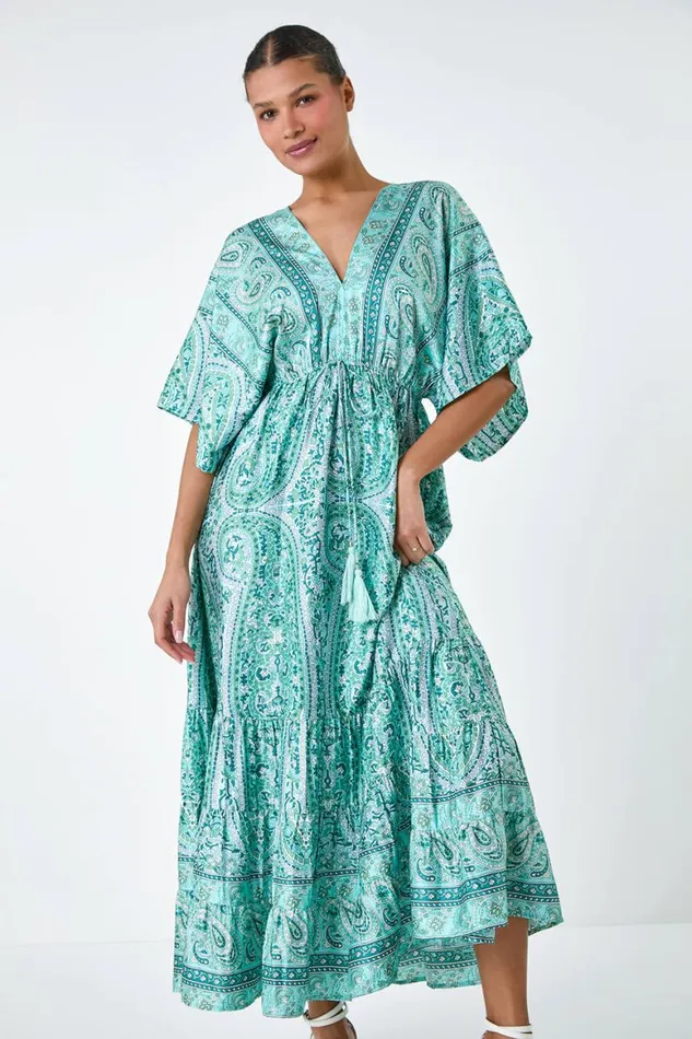 Women Green Tie Back Tassel Detail Tiered Dress Roman Dresses