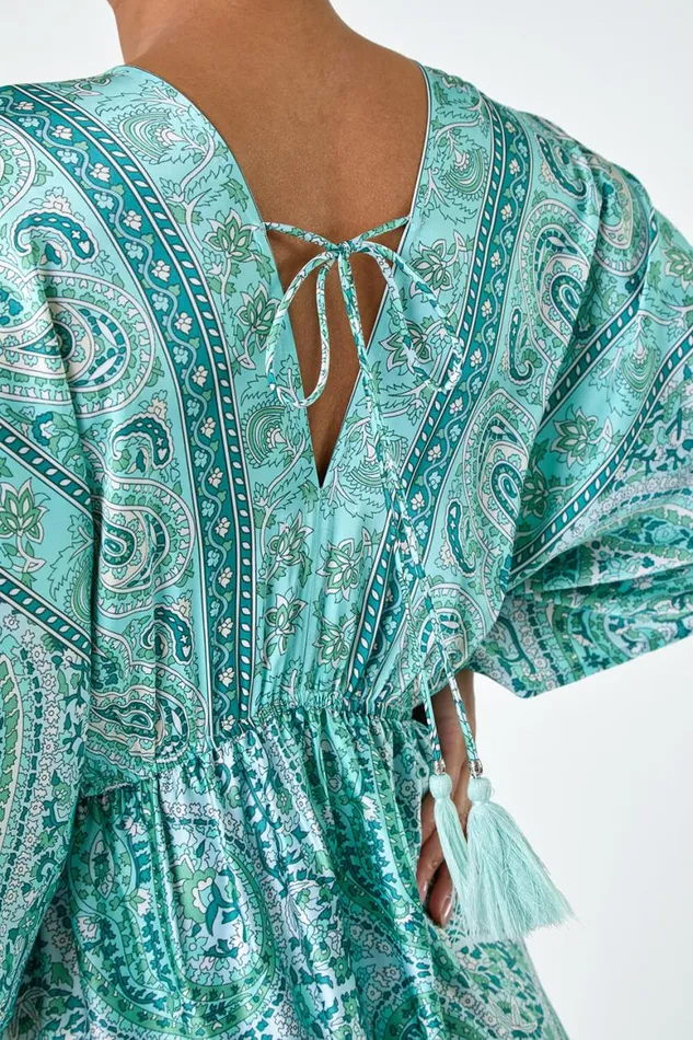 Women Green Tie Back Tassel Detail Tiered Dress Roman Dresses