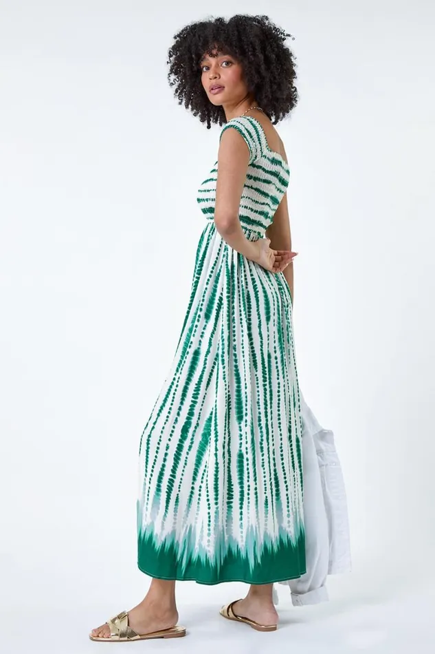 Women Green Tie Dye Shirred Bardot Maxi Dress Roman Dresses
