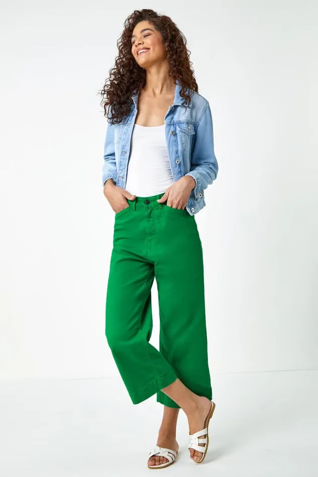 Women Green Wide Leg Stretch Denim Culotte Roman Trousers