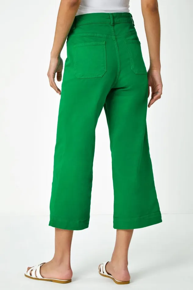 Women Green Wide Leg Stretch Denim Culotte Roman Trousers