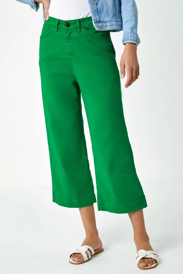Women Green Wide Leg Stretch Denim Culotte Roman Trousers