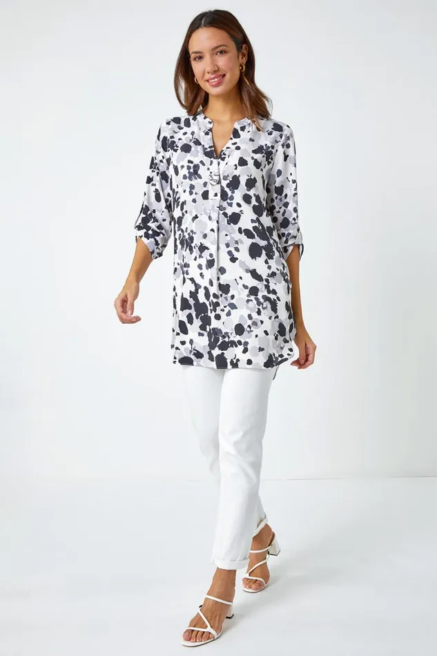 Women Grey Abstract Print Longline Tunic Top Roman Tops