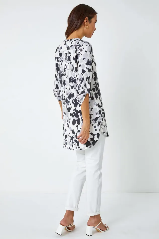 Women Grey Abstract Print Longline Tunic Top Roman Tops