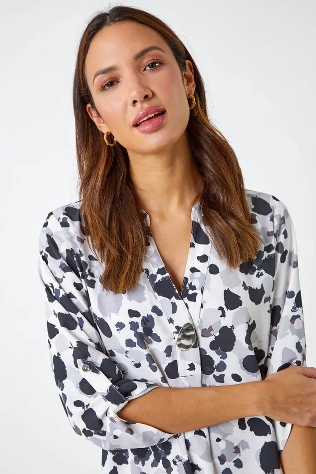 Women Grey Abstract Print Longline Tunic Top Roman Tops