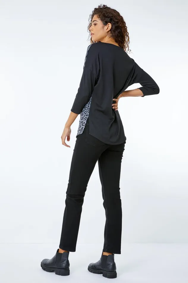 Women Grey Animal Embellished Stretch Top Roman Tops