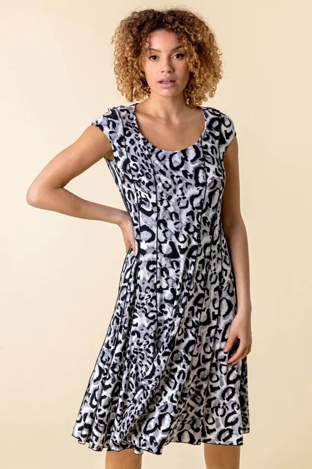 Women Grey Animal Print Cap Sleeve Panel Dress Roman Dresses