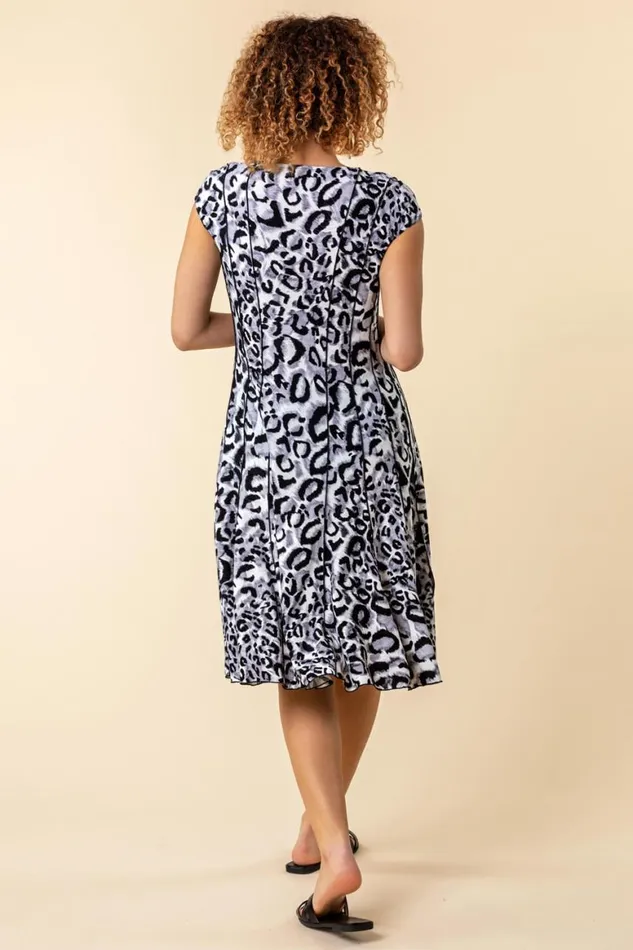 Women Grey Animal Print Cap Sleeve Panel Dress Roman Dresses