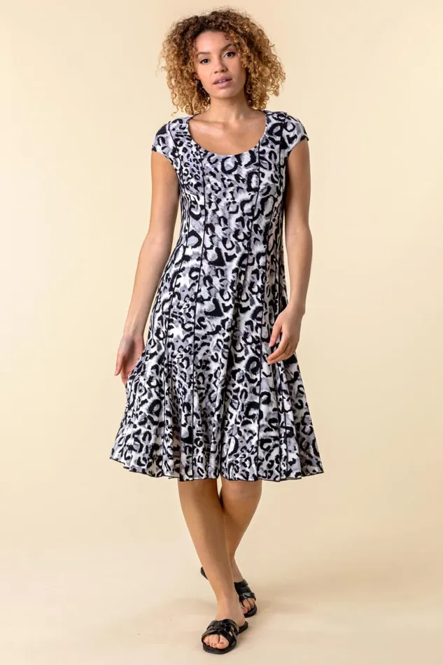 Women Grey Animal Print Cap Sleeve Panel Dress Roman Dresses
