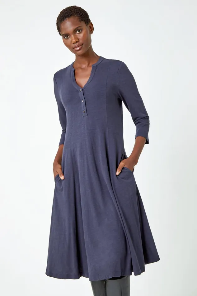 Women Grey Button Detail Cotton Dress Roman Dresses