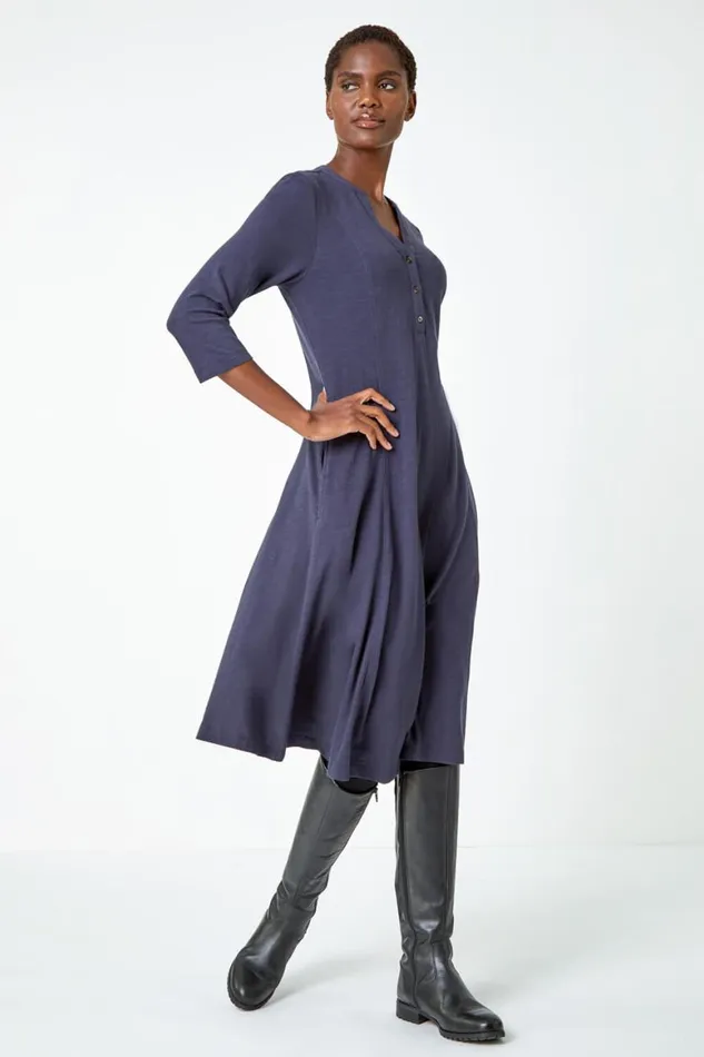 Women Grey Button Detail Cotton Dress Roman Dresses