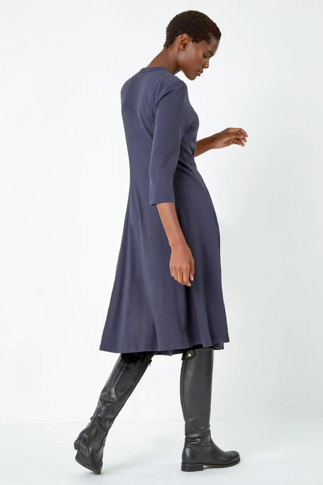 Women Grey Button Detail Cotton Dress Roman Dresses