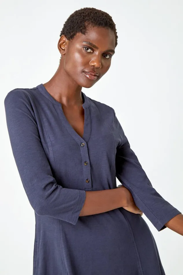 Women Grey Button Detail Cotton Dress Roman Dresses