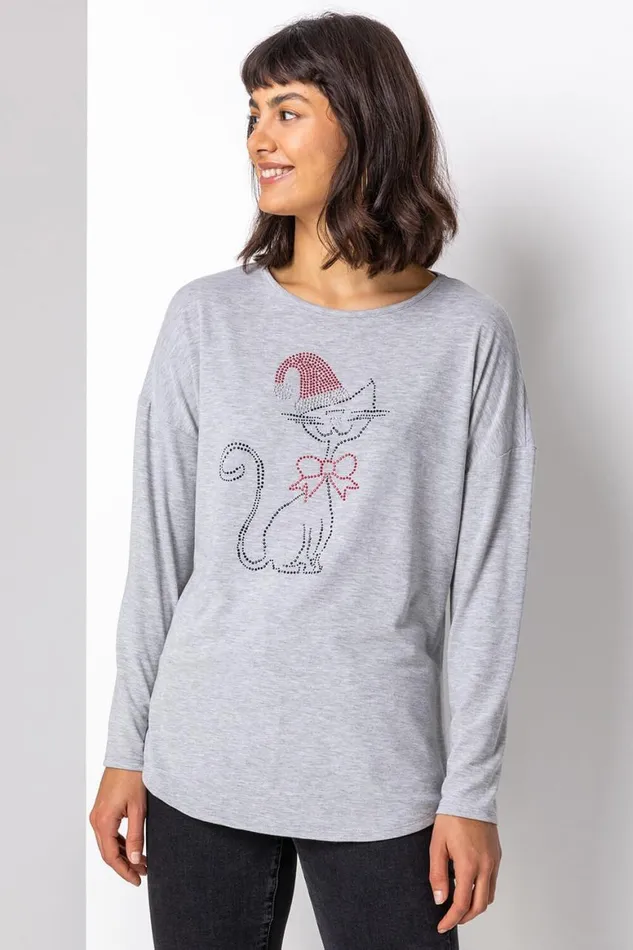 Women Grey Christmas Cat Motif Jersey Top Roman Tops