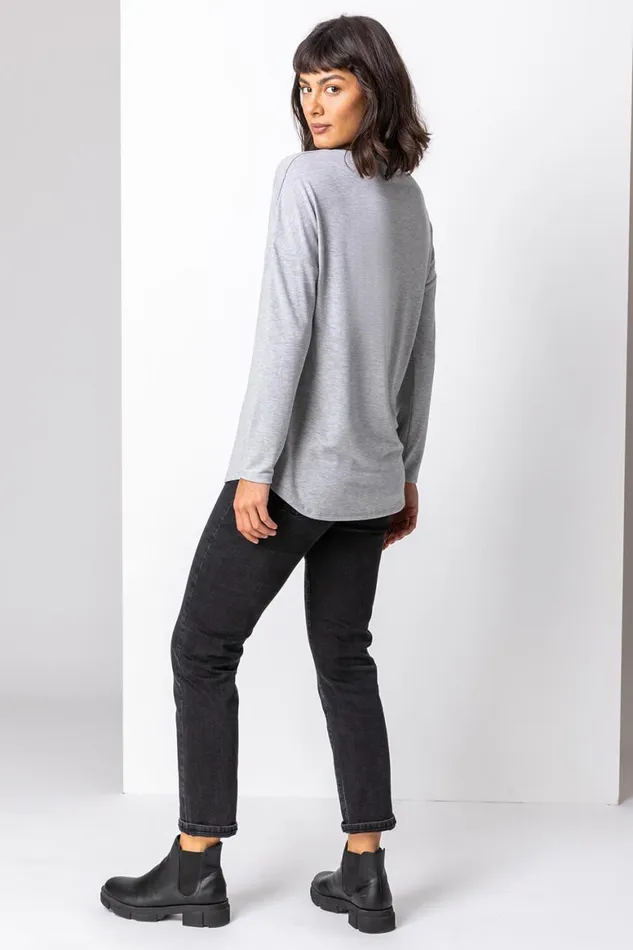 Women Grey Christmas Cat Motif Jersey Top Roman Tops