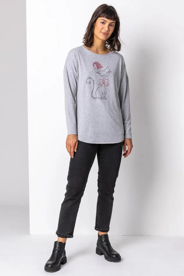 Women Grey Christmas Cat Motif Jersey Top Roman Tops