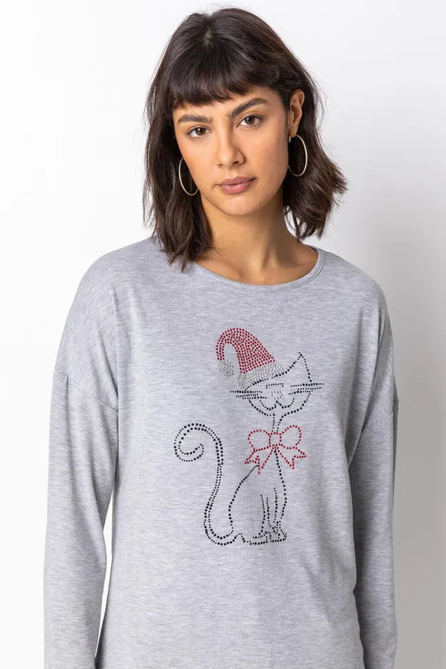 Women Grey Christmas Cat Motif Jersey Top Roman Tops