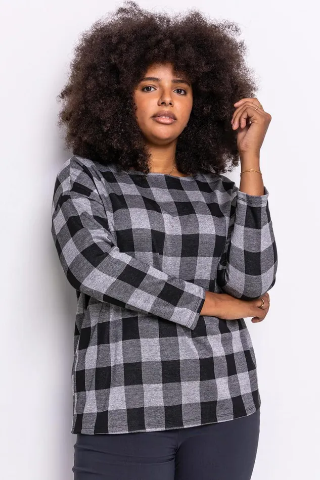 Women Grey Curve Check Print Long Sleeve Top Roman Tops