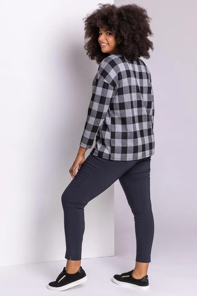 Women Grey Curve Check Print Long Sleeve Top Roman Tops