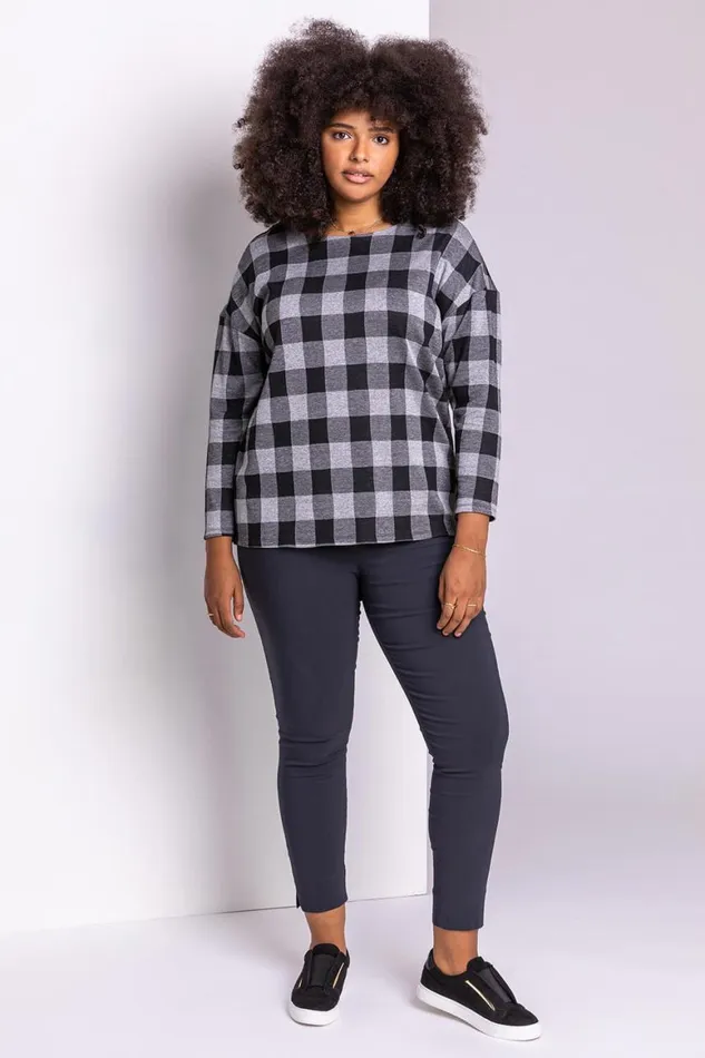 Women Grey Curve Check Print Long Sleeve Top Roman Tops
