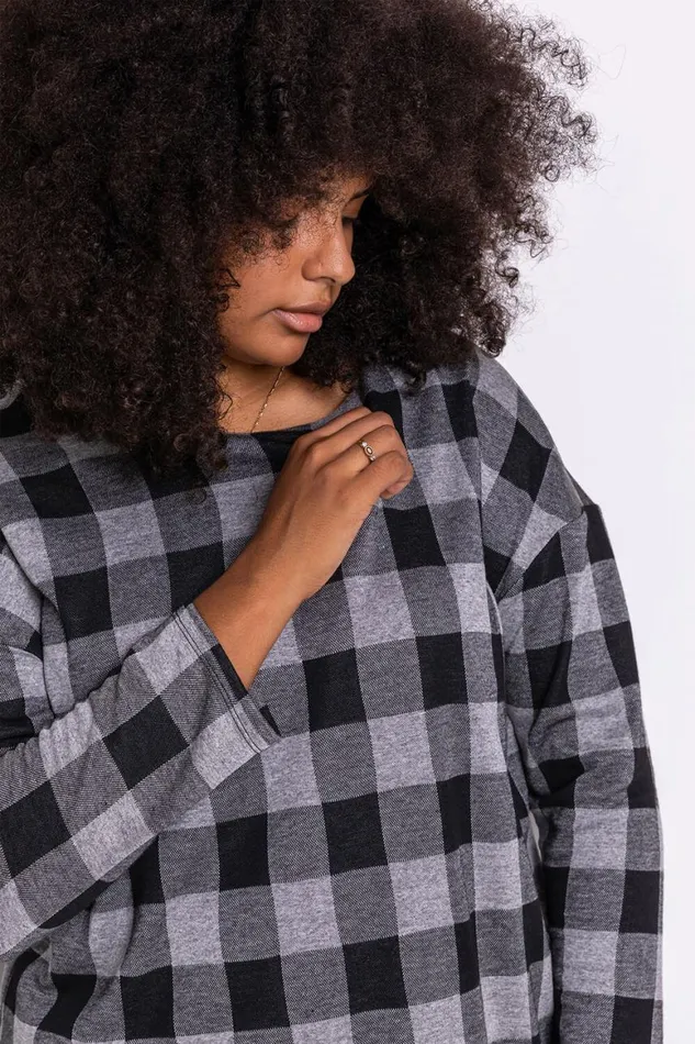 Women Grey Curve Check Print Long Sleeve Top Roman Tops