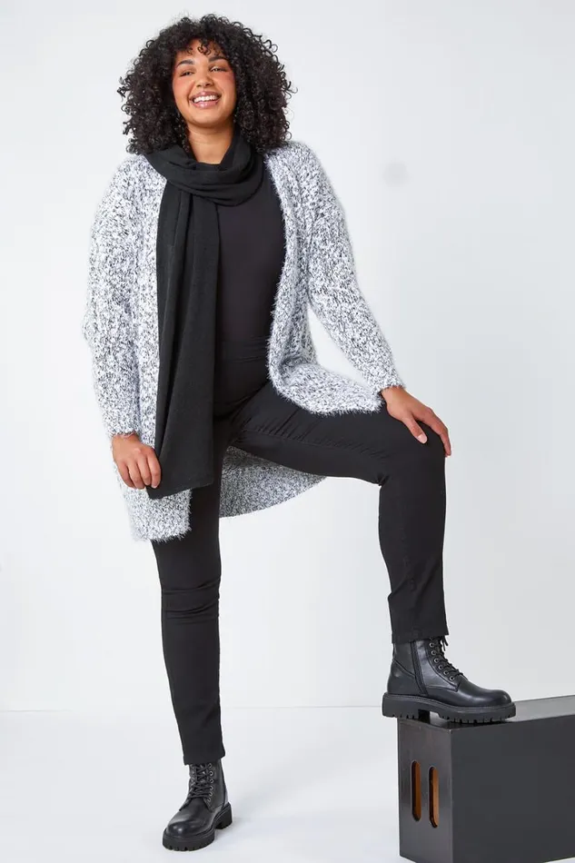 Women Grey Curve Fluffy Textured Cardigan Roman Knitwear