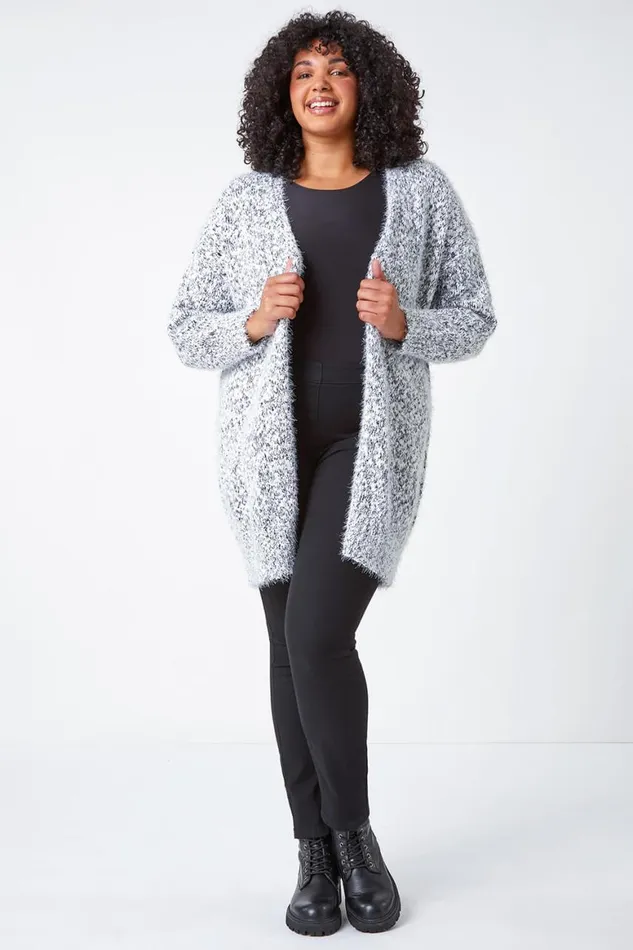 Women Grey Curve Fluffy Textured Cardigan Roman Knitwear