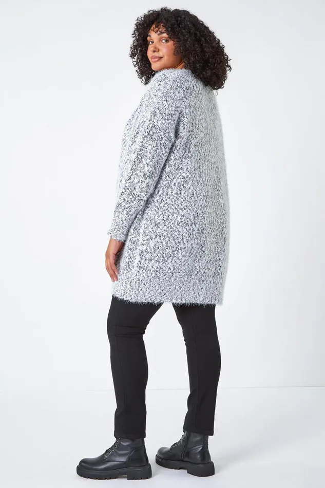 Women Grey Curve Fluffy Textured Cardigan Roman Knitwear