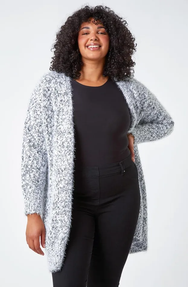 Women Grey Curve Fluffy Textured Cardigan Roman Knitwear