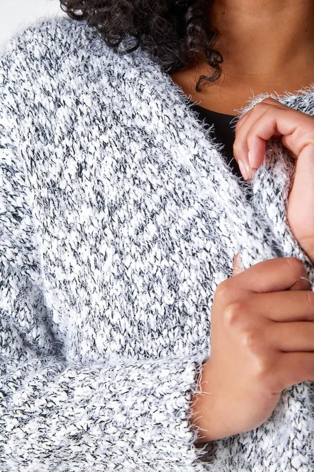 Women Grey Curve Fluffy Textured Cardigan Roman Knitwear