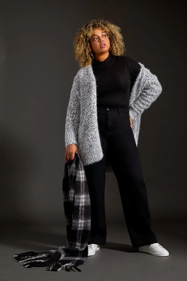 Women Grey Curve Fluffy Textured Cardigan Roman Knitwear