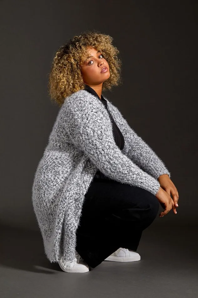 Women Grey Curve Fluffy Textured Cardigan Roman Knitwear