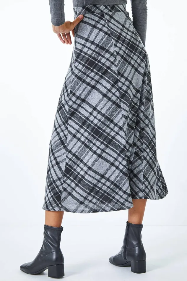 Women Grey Elastic Waist Check Print Stretch Skirt Roman Skirts
