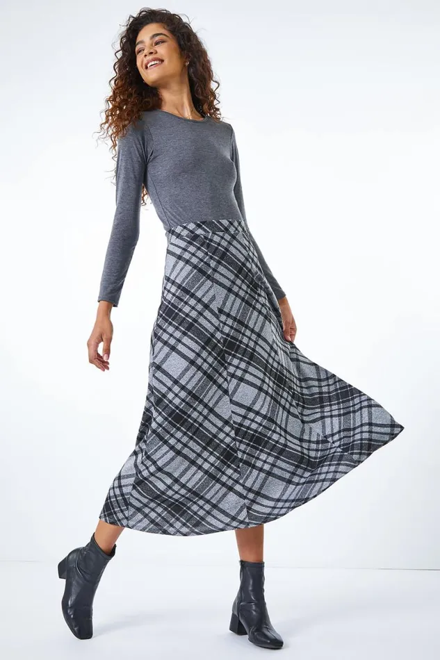Women Grey Elastic Waist Check Print Stretch Skirt Roman Skirts